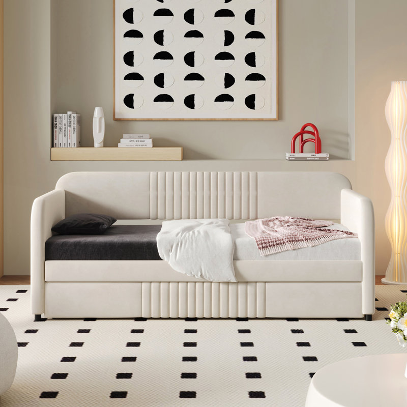 Upholstered Daybed Sofa Bed Twin Size with Trundle and Wood Slat for Versatile Home Use, Beige