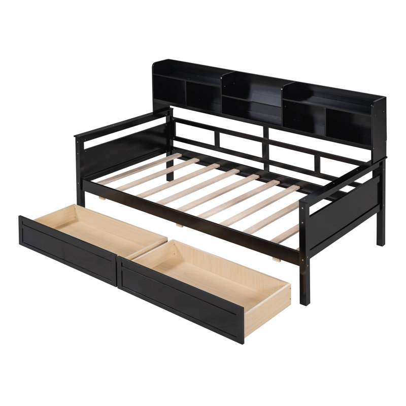 Daybed, Wood Slat Support, With Bedside Shelves And Two Drawers, Espresso, Twin