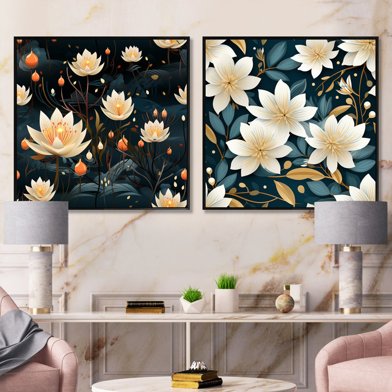 Shawnda - Ensemble de 2 collages floraux carrés, Cadre flottant noir, H 16 po x l 33 po