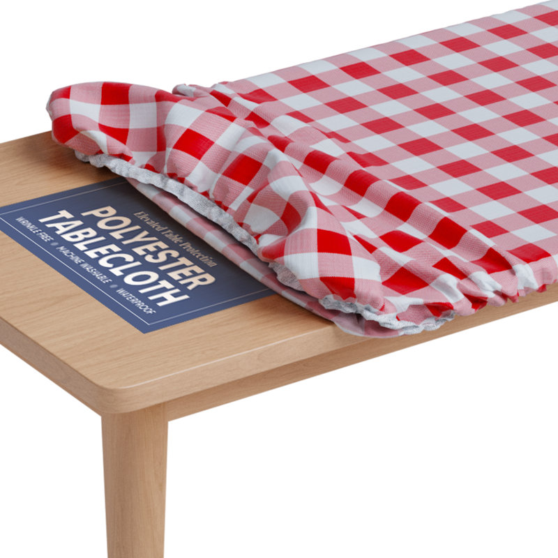 Kitchen Tablecloth Of Polyester -Fitted With Elastic, Water Proof, Washable, Fits For Table,Checked Design, Red