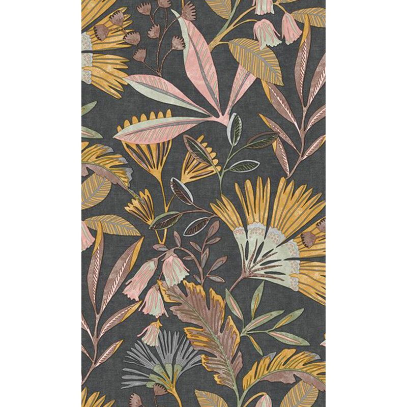 Papier peint botanique fleurs tropicales et arbres, Noir