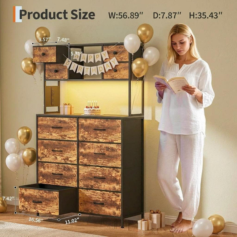12-Drawer Dresser with Power Outlet & Open Shelves - LED Light Wood Top Metal Frame Fabric Dresser for Bedroom, Hallway, Living Room