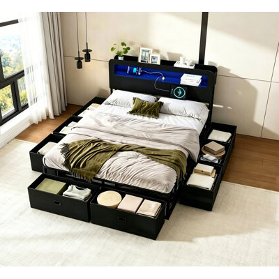 Ensemble de chambre à coucher grand 3 pièces, lit entièrement en métal avec 8 tiroirs en tissu et tables de chevet en bois avec station de charge