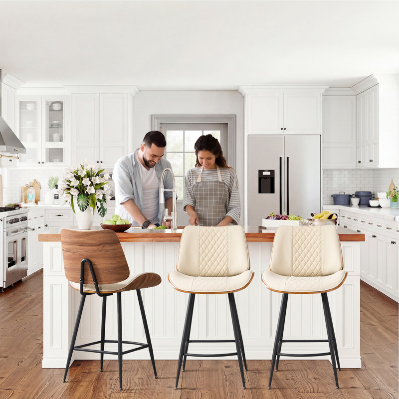 Faux Leather Upholstery Counter Stools for Bar with Ergonomic Back and Footrest, Beige