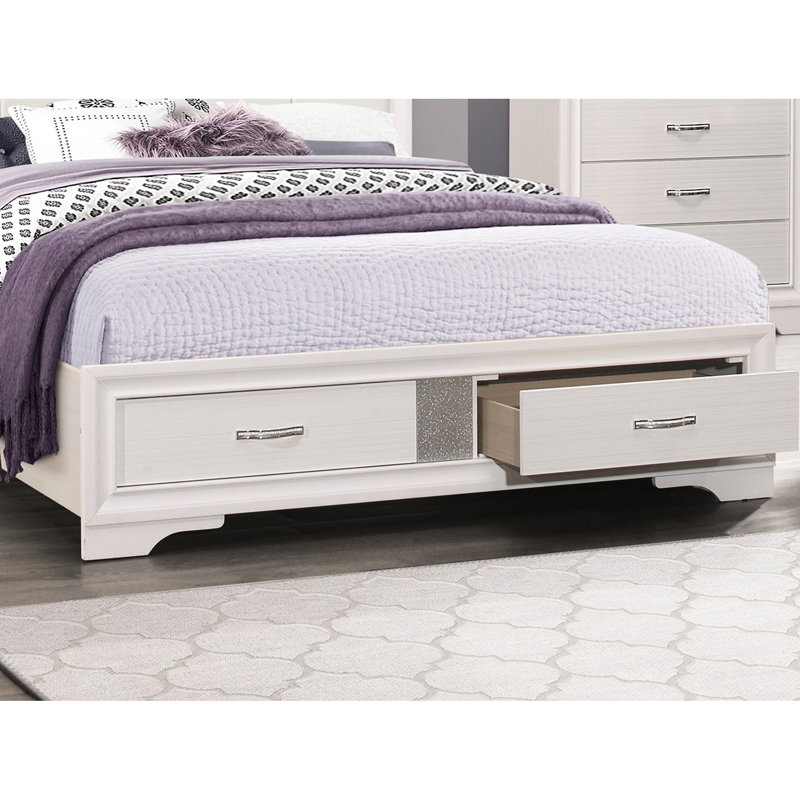 Modern Queen Bed With Upholstered Faux Leather Headboard And Storage, Style, White Finish, Silver Glitter Accent, Wooden Frame Platform Drawers Bedroom Piece
