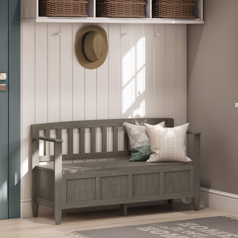 Banc de rangement contemporain en bois massif avec couvercle relevable Brooklyn, Gris champêtre