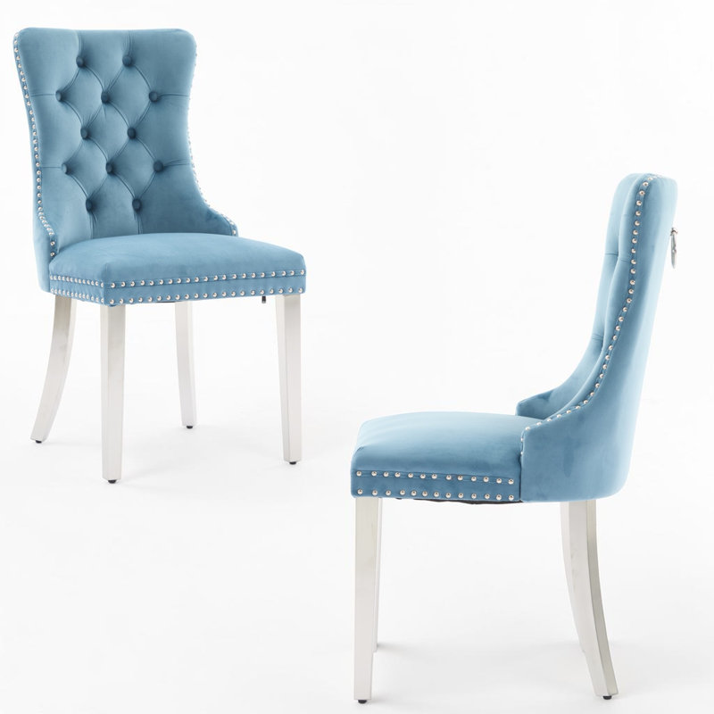 Tufted Velvet Wing Back Side Dining Chairs, Light Blue, Brushed Nickel