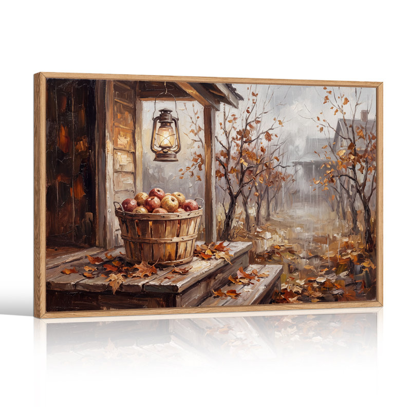Panier de pommes et lanterne sur le porche - Tableau sur toile pour l'Halloween, 24"H x36"W