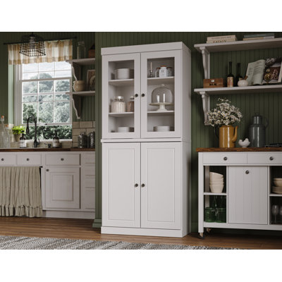Kaniesha Palace Imports 100% Solid Wood Pantry Cabinet, Raised Panel & Clear Glass Doors, Adjustable Shelves, 32" Wide, 71.5" Tall