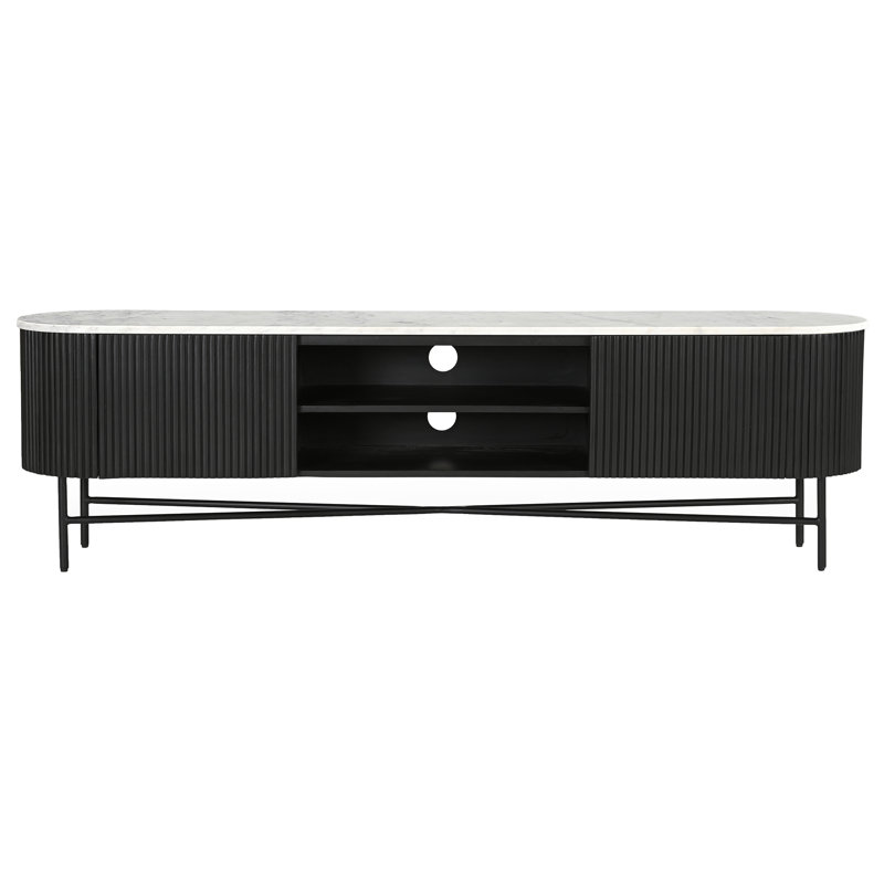 Armoire média Mid-Century moderne en bois massif et marbre, 71 po - noir et blanc, Black