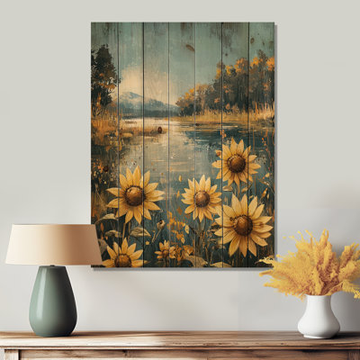Automne tournesols au bord de la rivière II - Art mural en bois tournesols - sur bois de pin naturel
