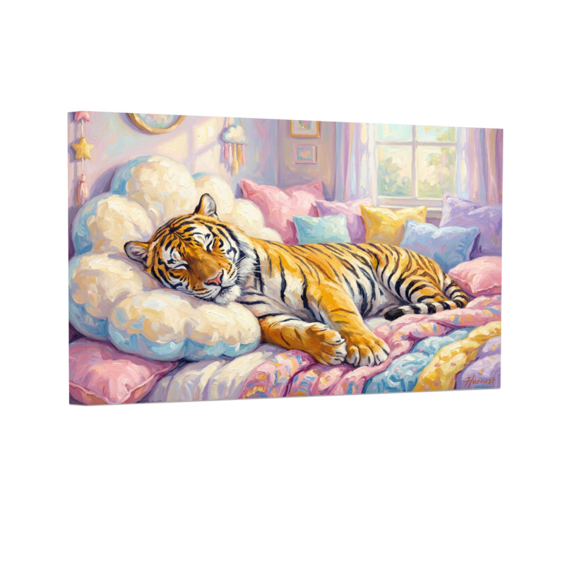 Animaux, tigre, reposant sur un lit coloré avec coussins, H 32 po x l 48 po