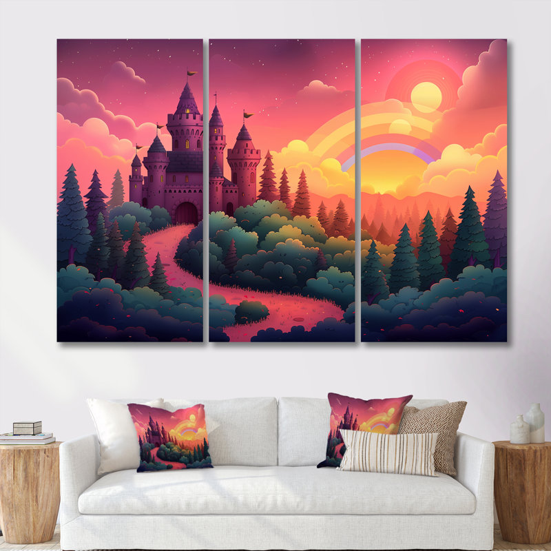«Nursery Magical Castle Rainbow», ensemble d'art mural arc-en-ciel, H 28 po x l 36 po x P 1 po, Toile tendue