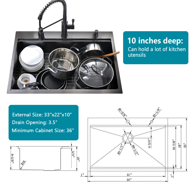 Évier de cuisine à montage sur plan 33 po x l 22 po avec accessoires, Noir mat