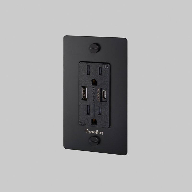 Prise de courant combinée 1G et chargeur USB-A + C / avec logo, Noir mat