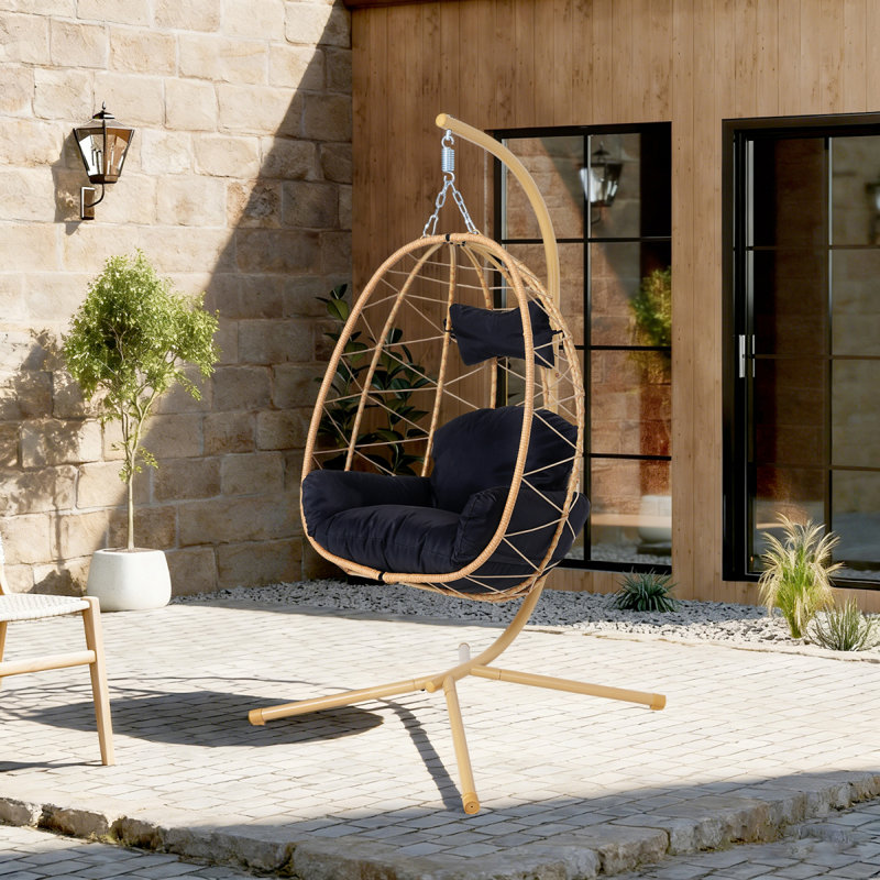 Fauteuil suspendu suspendu en osier avec support et coussin lavable pour patio, Black, Natural