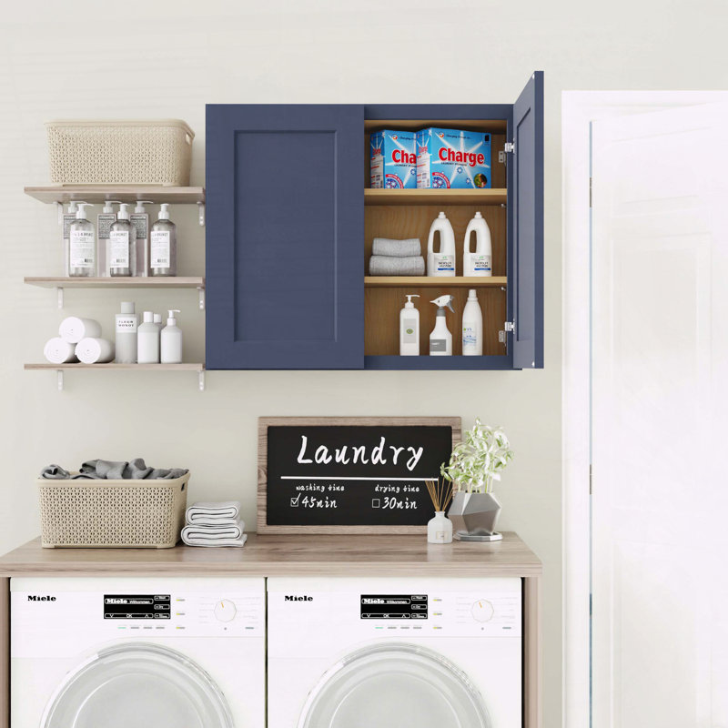 Armoire murale en bois massif bleu marine Shaker - l 36 po x P 12 po x H 30 po, charnières à fermeture en douceur, tablettes réglables