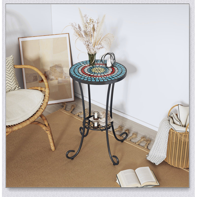 Patio Side Table with Shelf,Blue+Black