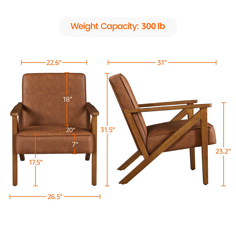 26.5" Wide Solid Wood Frame Upholstered Mid Century Accent Chair, Modern Armchair, Light Brown Faux Leather