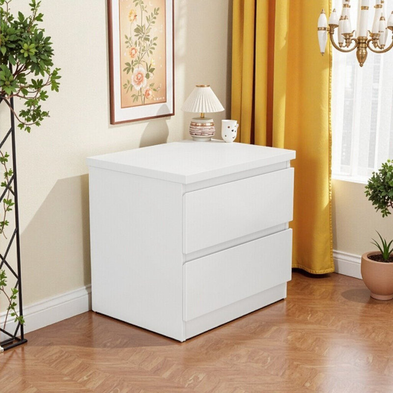 Table de chevet sans poignée avec 2 tiroirs, plateau épaissi, armoire de rangement pour chambre à coucher et salon, Blanc