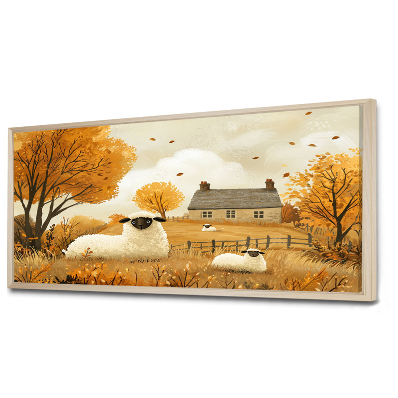 Dumitru Sheep Farmyard Friends in Autumn - Sheep Wall Art, H 28 po x l 60 po, Impression encadrée flottante, Crème, crème