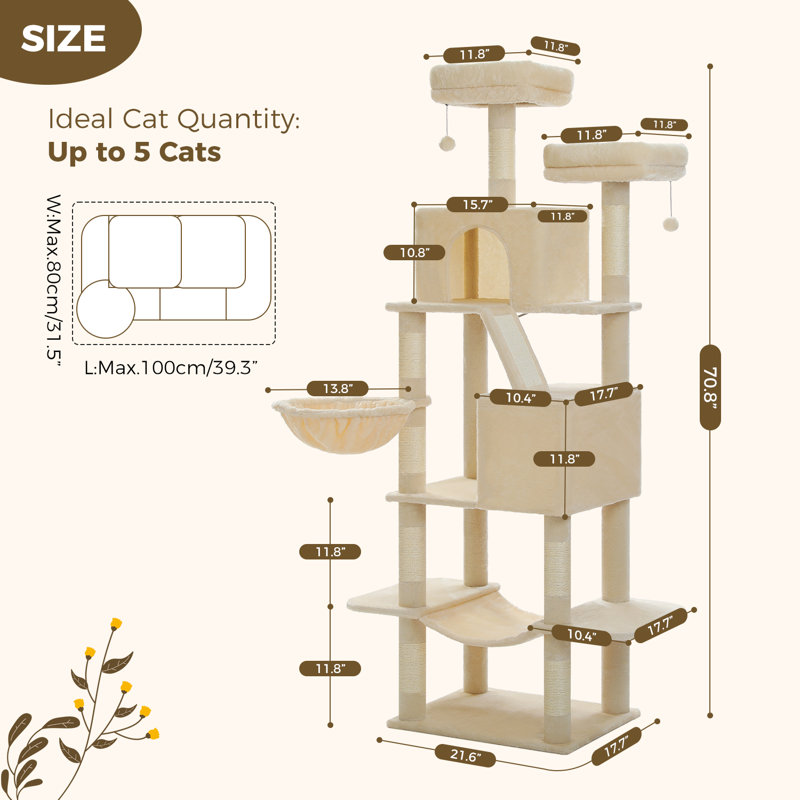 Arbre à chat, grande tour pour chat de 71 pouces avec 8 poteaux à griffer, 2 perchoirs, 2 grottes, panier, hamac, pompons, maisonnette pour chat à plusieurs niveaux