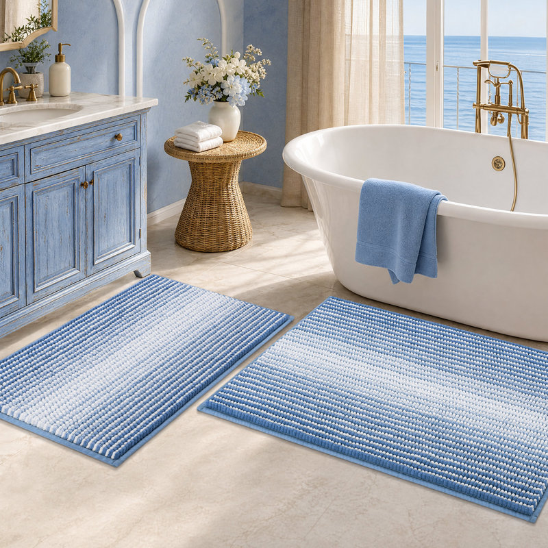 Plush Chenille Shag Bathroom Rug Set, Cozy Non-Slip Bath Mats, 20" x 32" Plus 16" x 24", Sky Blue
