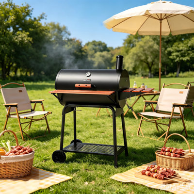 Black Barrel Charcoal Grill With Wood Grain Side Table, 627 Sq.In Area For Backyard, Patio And Party Use.