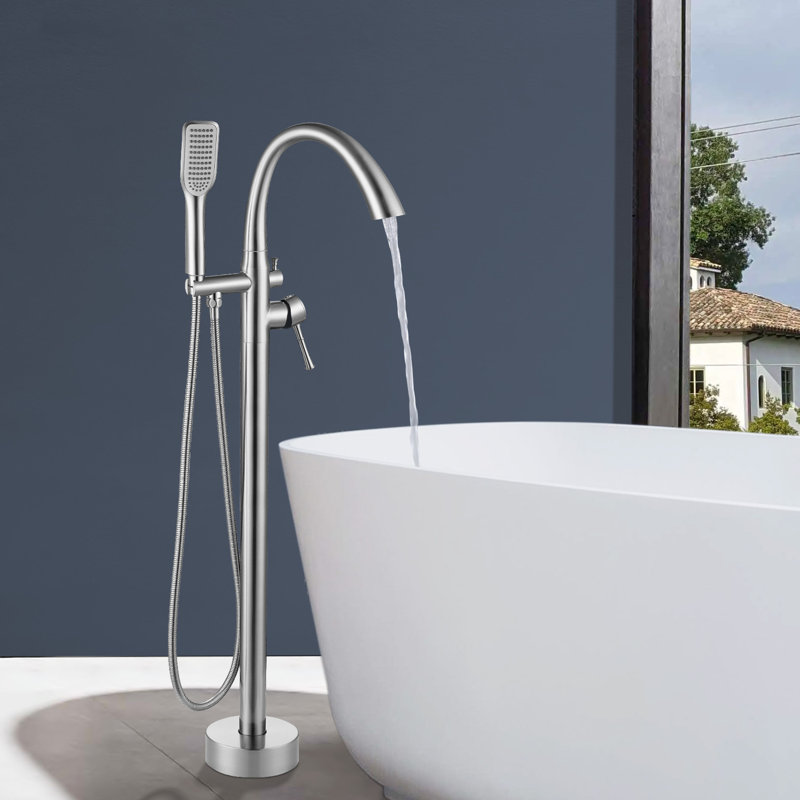 Double Handle Floor Mounted Tub Filler With Handshower, Brushed Nickel