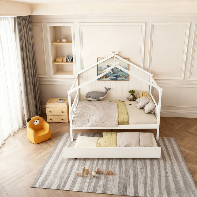 Lit en bois avec lit gigogne simple, Blanc