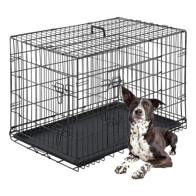 Folding Metal Dog Crate with Double Doors, Divider & Tray, Black