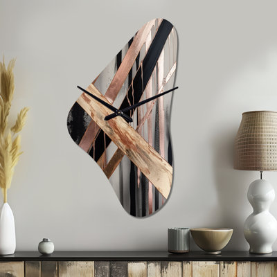 Metallic Stripes And Circles III - Boomerang Shape Large Abstract Marble 3D Wall Clock