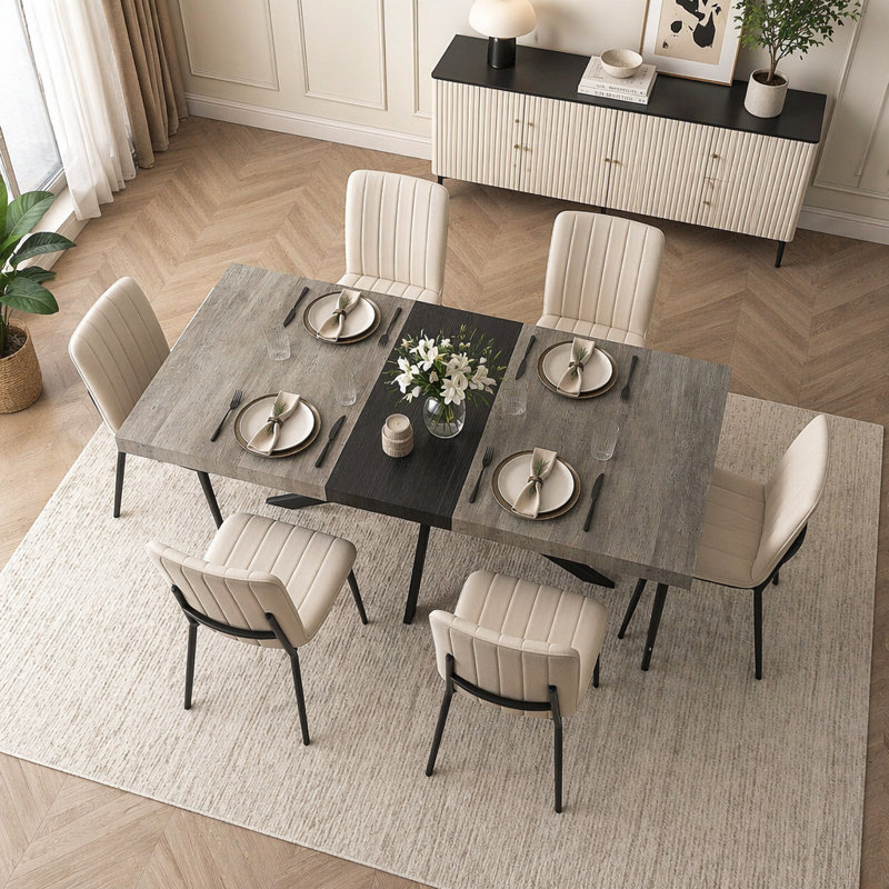 55.11"-70.86"Retro Rectangular Stretch Dining Table, Gray Black / Black