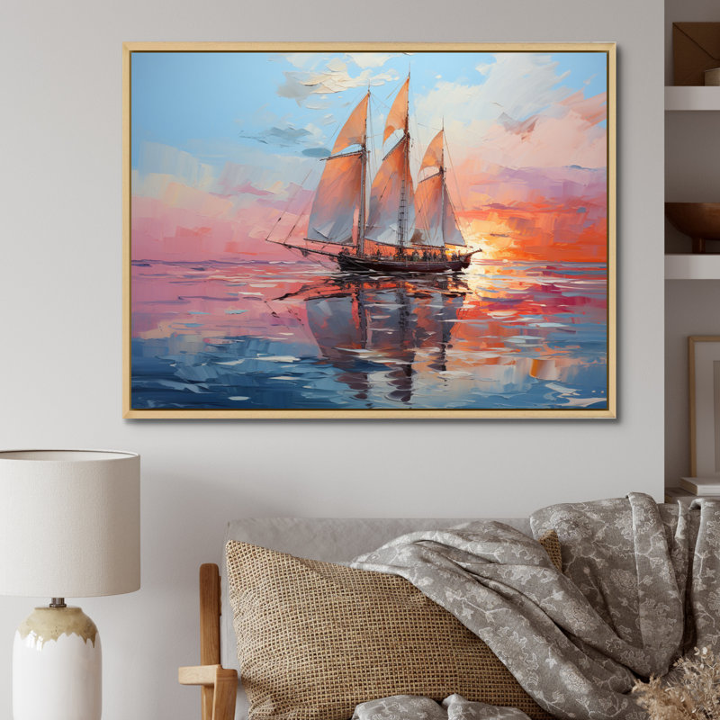 Voilier chromatique sur toile, Cadre naturel flottant, H 16 po x l 32 po x P 1 po