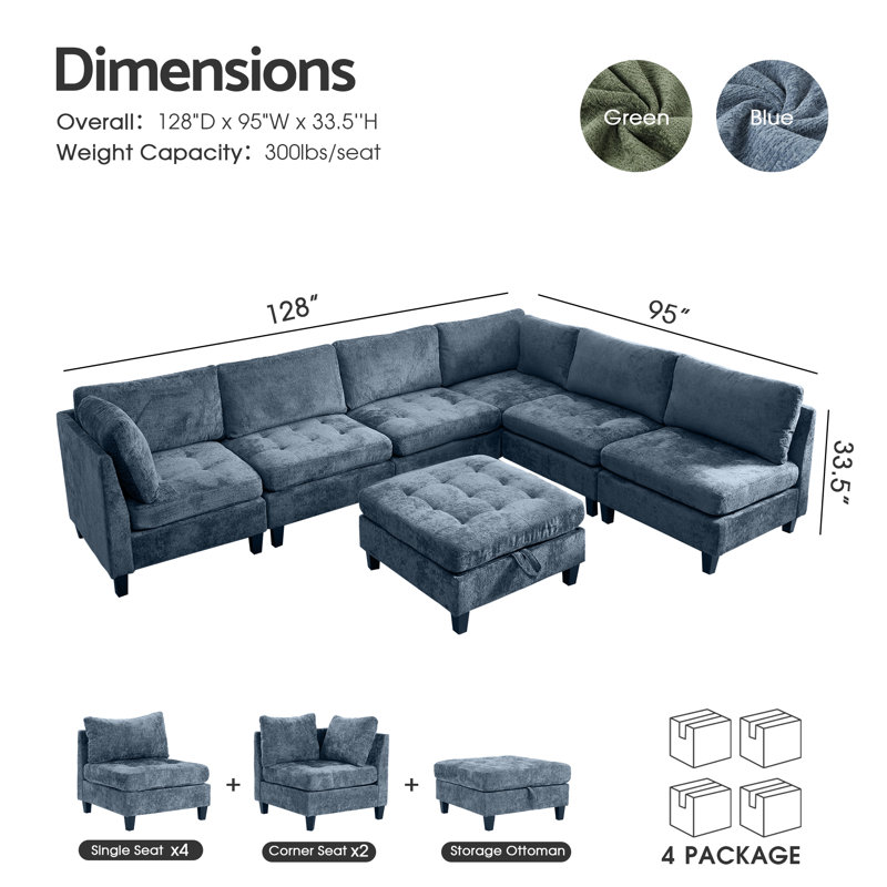 Canapé modulaire en chenille 7 pièces à assise profonde avec repose-pieds de rangement et canapé convertible 7 pièces