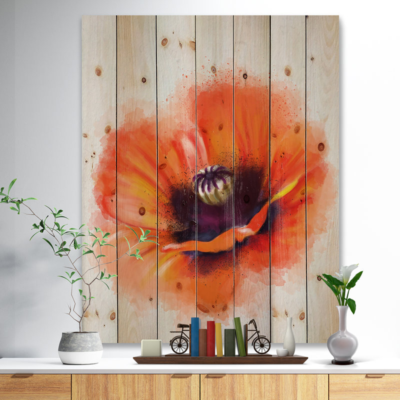 Jolie fleur d'aquarelle orange - peinture sur bois sans cadre, H 20 po x l 12 po x P 1 po