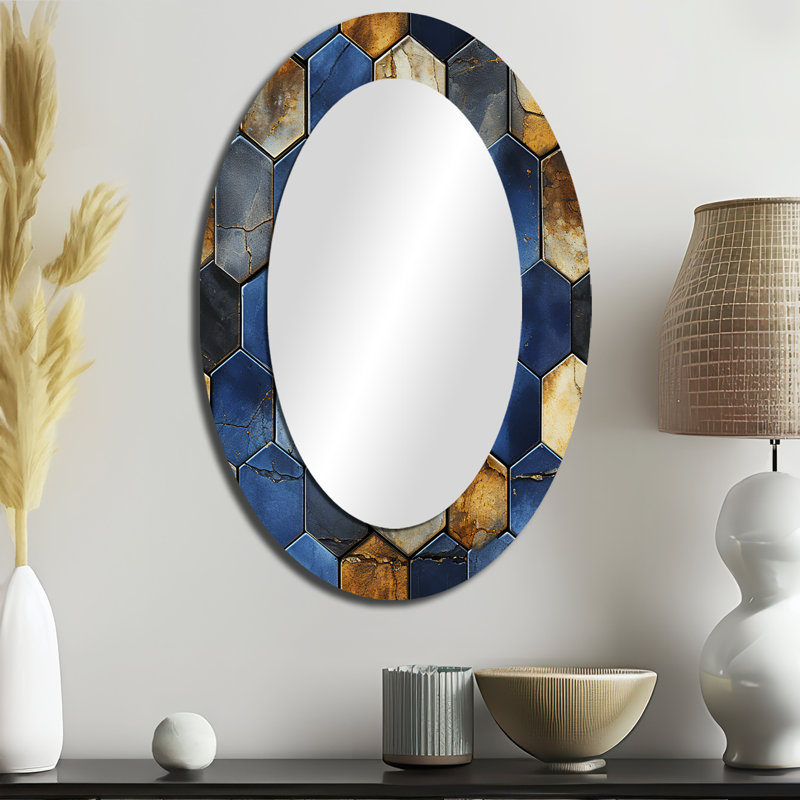 Gris et bleu Hexagone Symmetry - Miroir mural ovale moderne bleu, H 36 po x l 24 po