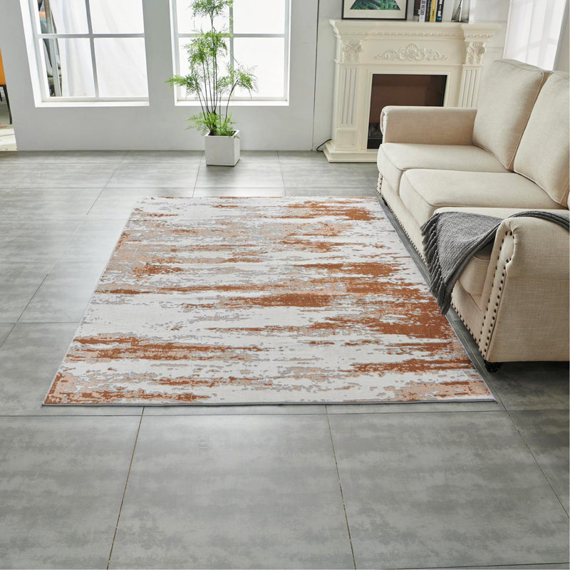 Tapis gris doux à motif abstrait rouille et lavable à la machine, Rectangle 6 pi x 9 pi