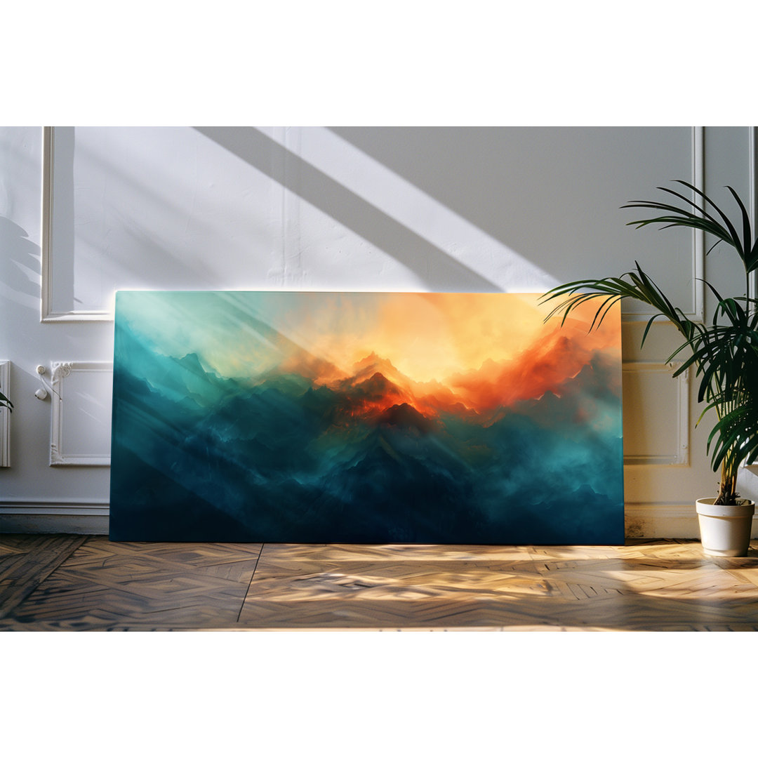 Gerahmtes Bild auf Leinwand 120x60cm Berge Gebirge Abstrakt Abendrot Nebel Kunstvoll