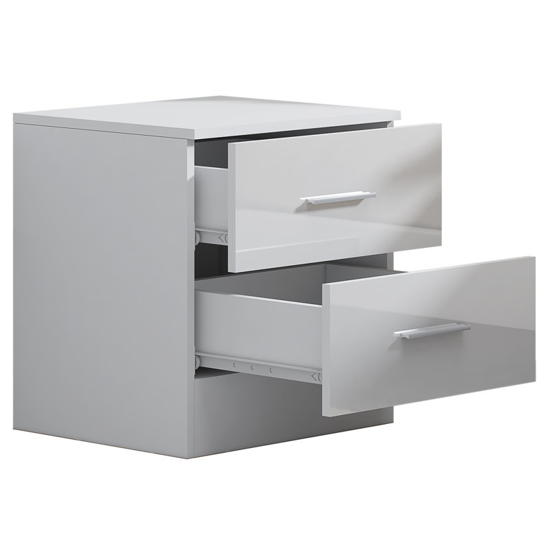 Eva High Gloss 2 Drawer Bedside Table - H: 48.5cm x D: 39.5cm x W: 45cm, Matte White/Gloss White