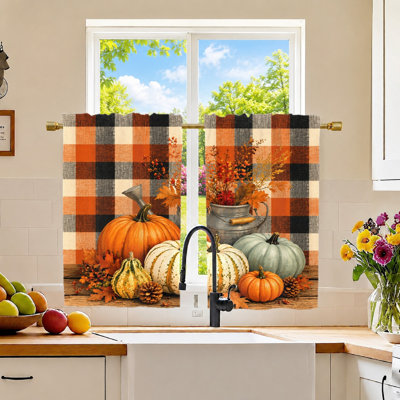 2Pcs Autumn Pumpkin Plaid Curtains, Light Filtering Fabric, Rustic Fall Harvest Gingham Pattern, Sunshade and Privacy Protection, Rod-Pocket Design, Suitable for Living Room, Bedroom, Balcony, Kitchen Home Decoration
