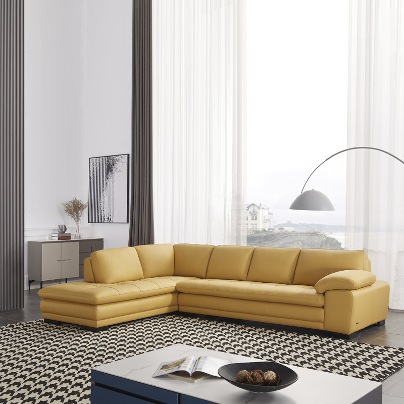 126" Wide Leather Match Sofa & Chaise, Left Hand Facing, Yellow Leather