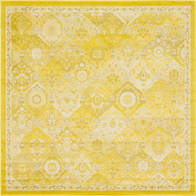 Tapis jaune à motif abstrait Kalf, Carré 8 pi