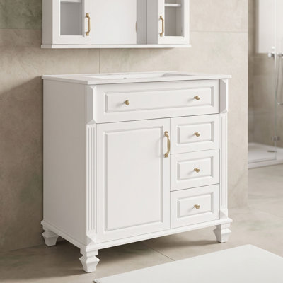 Meuble-lavabo autoportant avec lavabo en céramique, tiroir escamotable, rangement réglable et support de porte