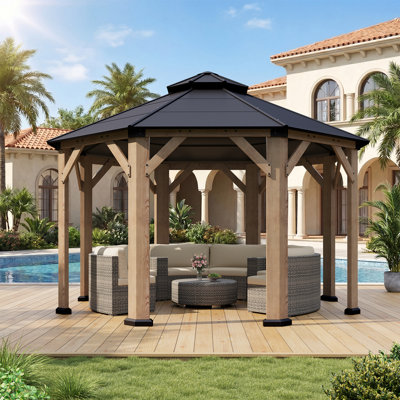 13.6 FT Octagonal All-Weather Hardtop Gazebo, Premium Wood-Frame Outdoor Pavilion with Galvanized Steel Double Roof for Backyards, Gardens, and Patios