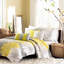 Couette en coton 6 pièces, tons jaune et gris, taille grand lit/queen, avec oreillers à motifs assortis, literie grand lit/queen