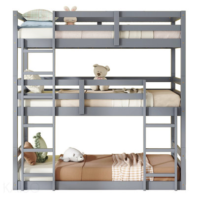 Triple Rubber Wood Bunk Bed With Two Built-In Ladders, Guardrails, Twin Over Twin Over Twin, Detachable Triple Twin Bunk Bed,Gray