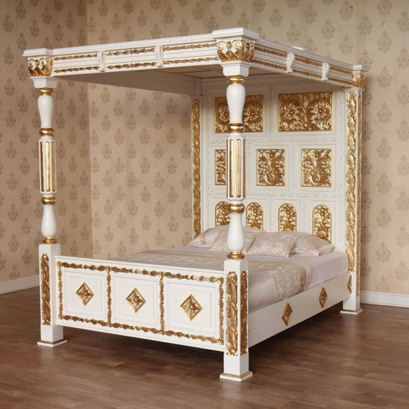 Solid Wood Bed, Kingsize (5'), White & Gold