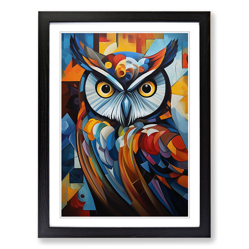 Owl Cubism - Single Picture Frame Print on Wood, Black Framed, 46cm H x 34cm W x 2cm D
