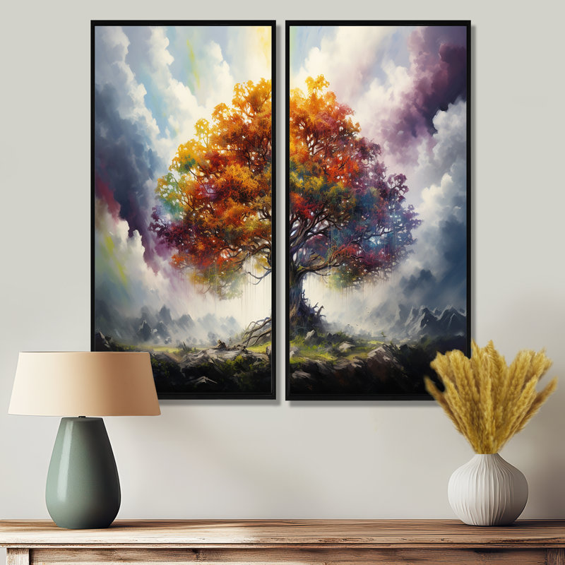 Arbre de vie toutes saisons II - art mural sur toile verte, H 20 po x l 24 po, Reproduction encadrée sans passe-partout, Noir